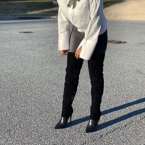 Thigh high velvet and faux leather boots